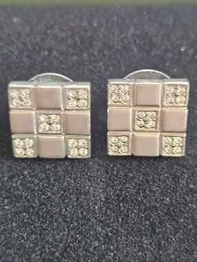 Square Grid Rhinestone Stud Earrings - Silvertone Any Gender